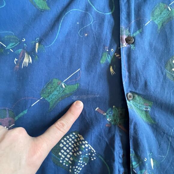 Vintage Gap Fishing Print Button Down Mens Shirt Size Large Rod Reel Tackle Lrg - Picture 10 of 14